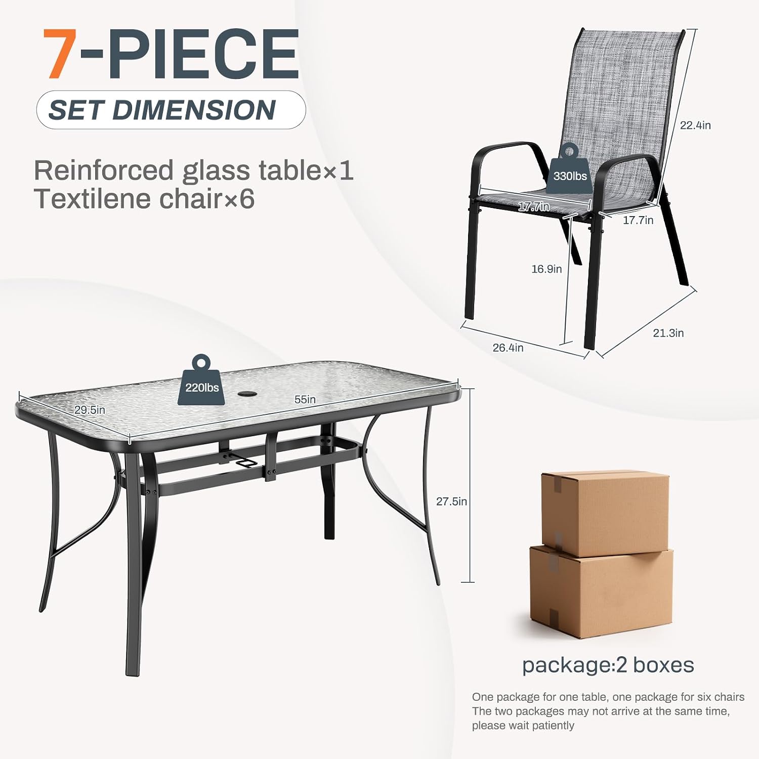 TLSUNNY 7 Pieces Patio Dining Set, Outdoor Table and Chairs W/1.69″ Umbrella Hole, 30'X 55' Table and Stackable Textilene Chair, All Weather Patio Furniture Set (Umbrella not Included) (Grey)