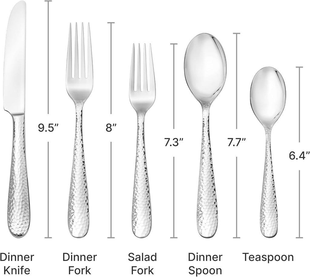 Hudson Essentials Premium 60 Piece Hammered Silverware Set, 18/10 Stainless Steel, Fine Flatware Service for 12 - Dishwasher Safe Bergamo Cutlery
