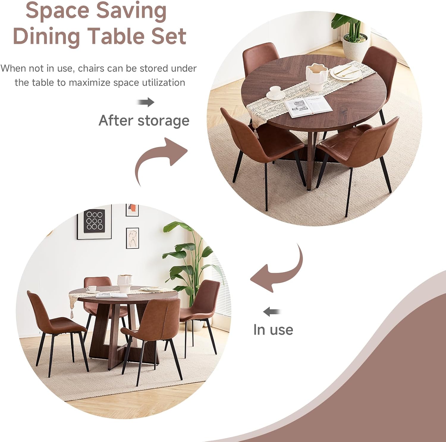 47 inch Round Dining Table Set for 4 Kitchen Table and Chairs Set Mid-Century Modern Kitchen Tables with Upholstered Synthetic Leather Chairs of 4(Walnut Table with 4 Brown Chairs)