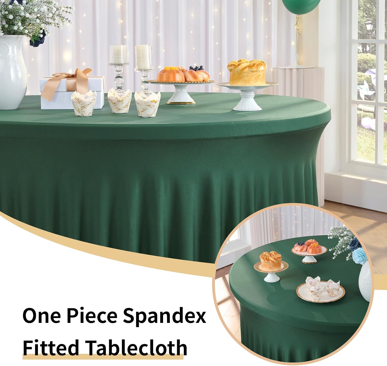 Outpain 6 Pack Spandex Hunter Green Round Tablecloths for 60in Tables, 120Inch Stretchy Fitted 5FT Round Table Clothes,Wrinkle Free Table Cover with Skirt for Wedding Party Dining Banquet