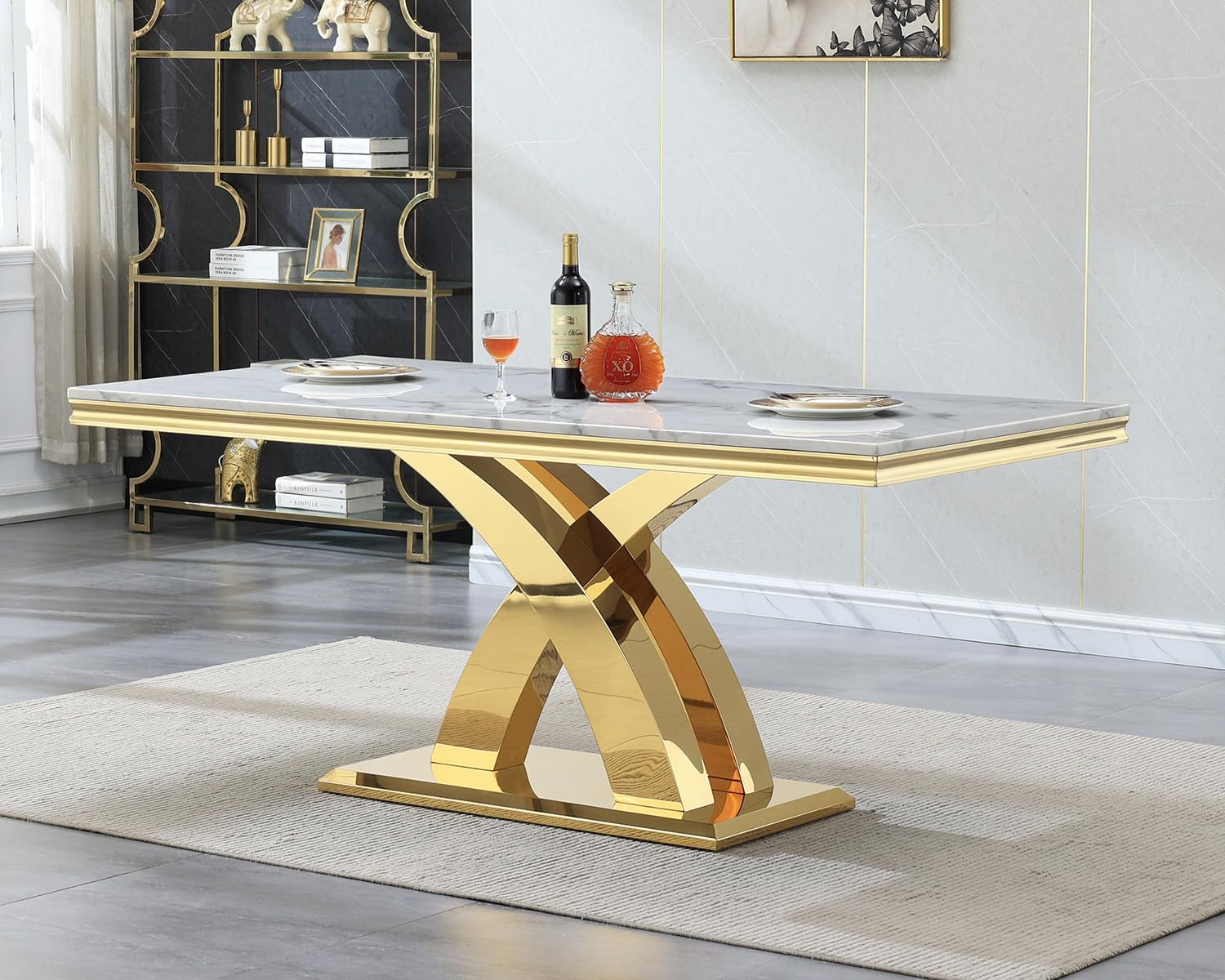 68' Luxury Rectangular Marble Dining Table for 4 to 6, White Faux Marble Kitchen Table with Gold X Shape Stainless Steel Pedestal, Modern Kitchen Dining Room Table for Breakfast Dinette Dinner Party