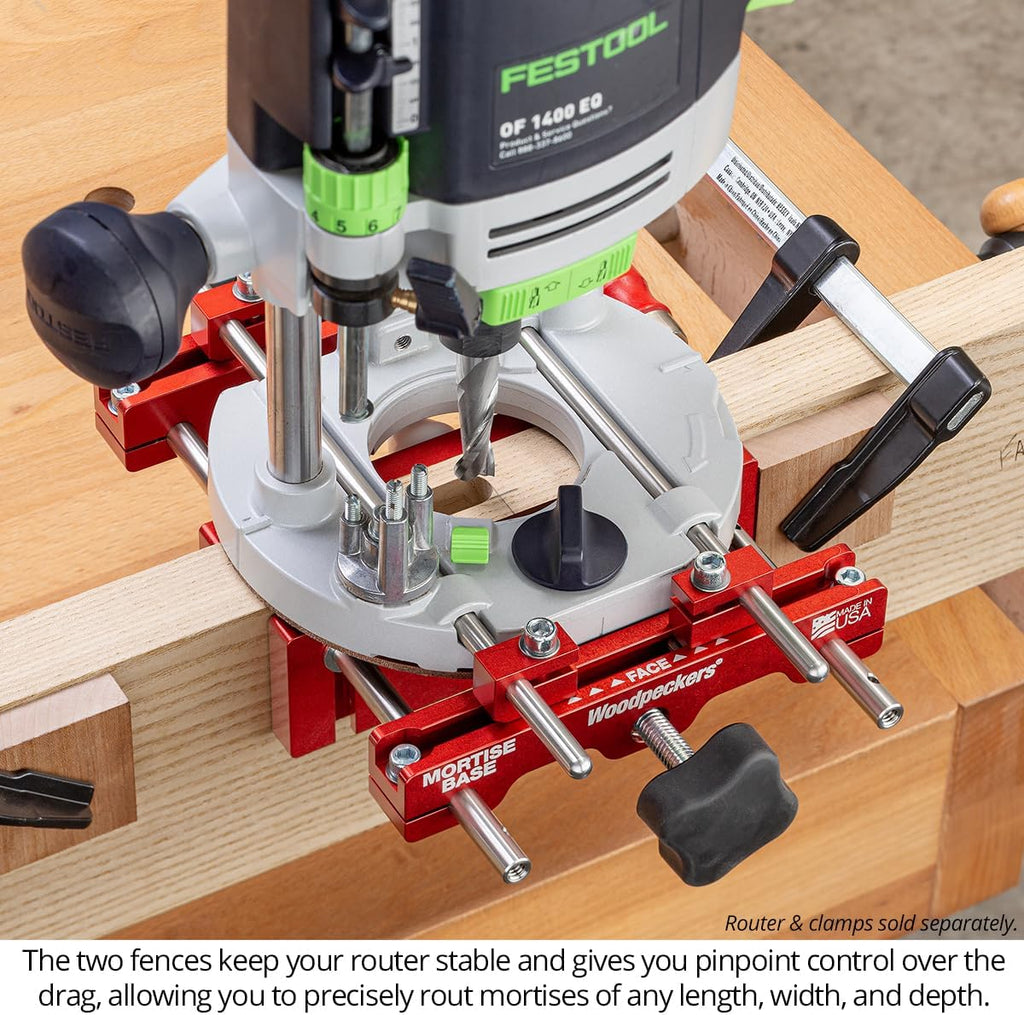 Woodpeckers Mortise Base, Dual-Fence Adjustable Router Base for Precise Mortising and Edge Guiding, Fits Plunge Routers with 5/16' Guide Rods, Aluminum & Stainless Construction, Made in USA MB-516