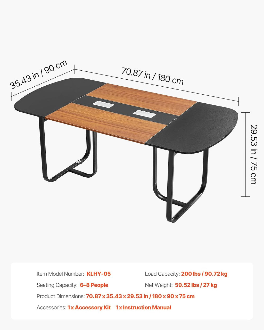 VEVOR Conference Table, 6 ft Oval Office Meeting Table for 6-8 Person, Modern Seminar Desk with Metal Legs, Large Meeting Desk for Office, Boardroom, Conference Room, Easy Assembly, Black & Brown