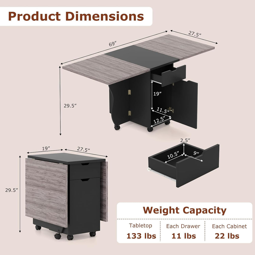 Giantex 3-in-1 Folding Dining Table for 4-6, 69-Inches Drop Leaf Kitchen Table with 2 Drawers and 2 Cabinets, Lockable Wheels, Foldable Dinner Tables for Small Spaces, Dinette (Black+Oak)