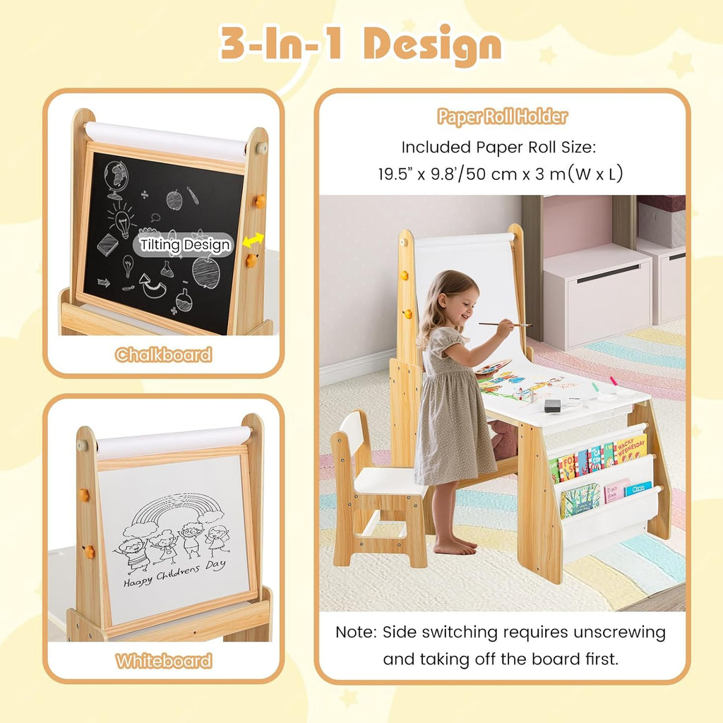 HONEY JOY Kids Art Table and Chair Set, Wooden Arts and Crafts Activity Set w/Adjustable Magnetic Whiteboard & Chalkboard, Paper Roll, Bookshelves & Storage Shelves, Toddler Table(Natural)