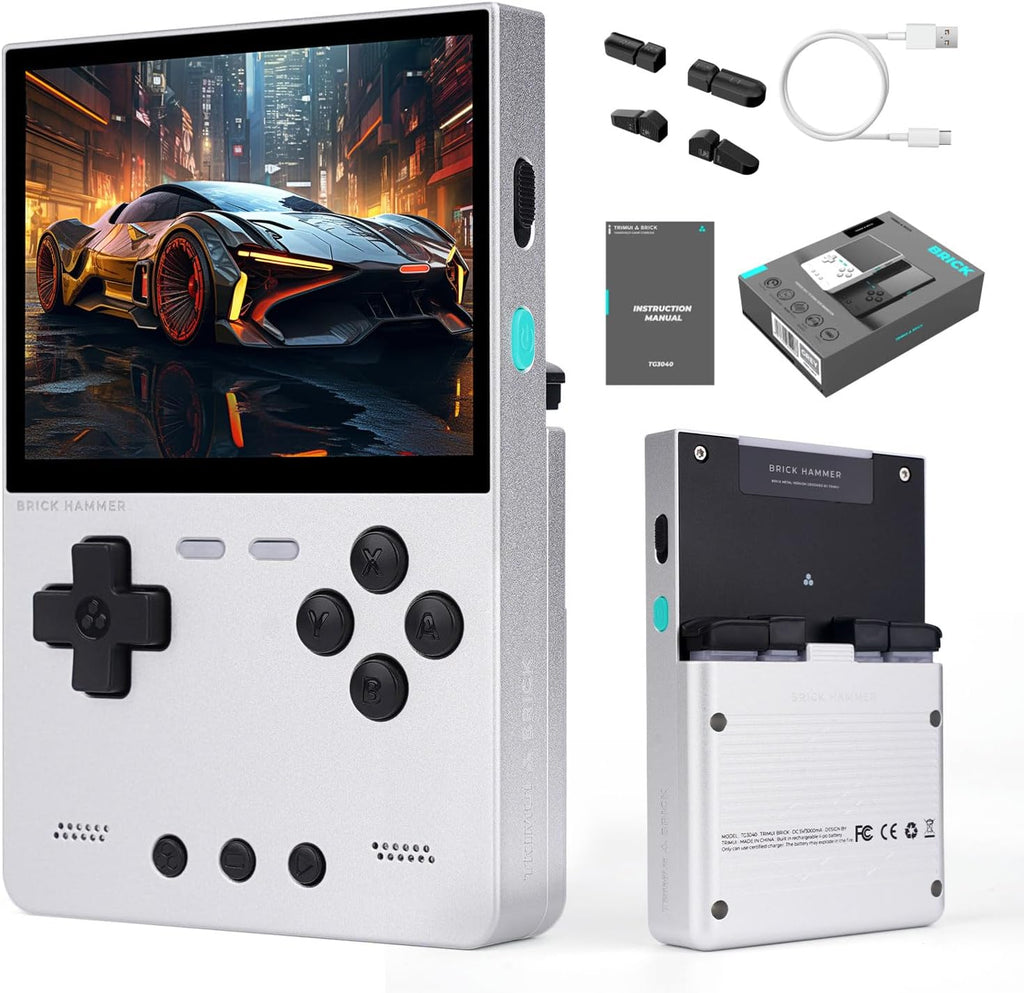 Trimui Brick Hammer Handheld Game Console,3.2 Inch IPS Classic System and 3000mAh Battery Retro Video Games Consoles,with 64G TF Card and Wireless Networt Console Casual Game Console(Silver)