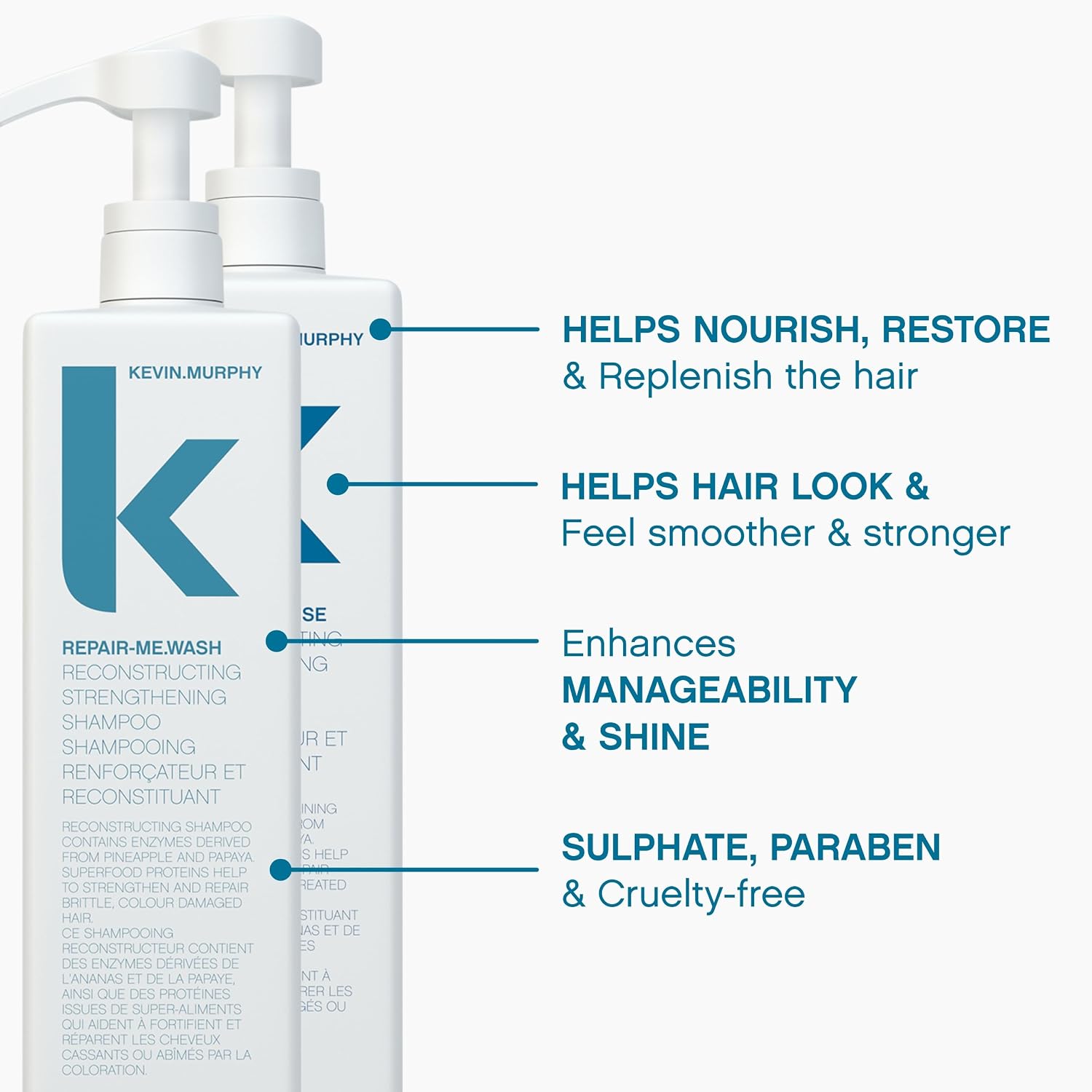 KEVIN.MURPHY REPAIR-ME.WASH & RINSE - Moisturising Hair Repair Shampoo - Hair Repair Conditioner - For All Hair Types Needing Repair - Sulphate & Paraben Free - 1 L / 33.8 fl oz - 2 Pack