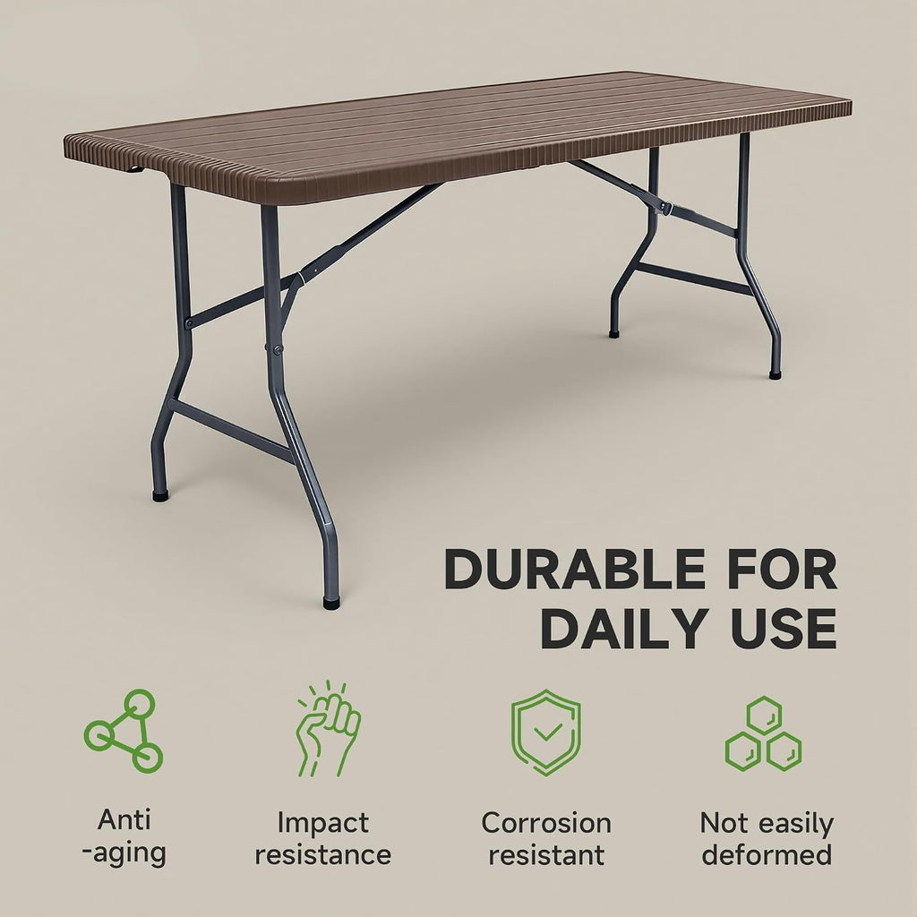 Folding Table 6 Foot, Heavy Duty 600LBS Capacity, HDPE Wood Grain Pattern, Sturdy Design with Safety Lock, Portable Tables Folding for Camping, Party, Indoor & Outdoor Use, 2 Pack
