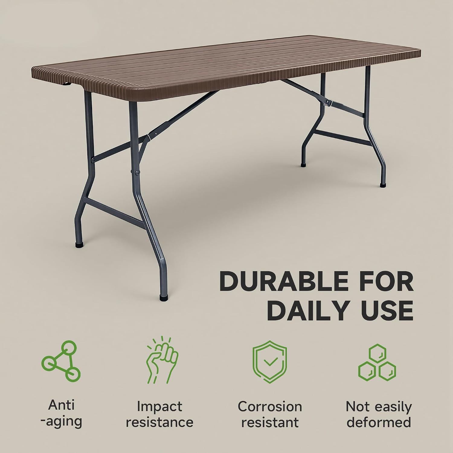 Folding Table 6 Foot, Heavy Duty 600LBS Capacity, HDPE Wood Grain Pattern, Sturdy Design with Safety Lock, Portable Tables Folding for Camping, Party, Indoor & Outdoor Use, 2 Pack