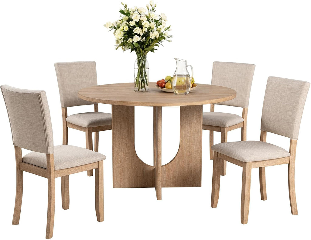 leovanni Round Dining Table Set for 4, Kitchen Table with 4 Upholstered Chairs, 5-Piece Wood Dining Table and Chairs Set for Kitchen, Dining Room, Living Room, Natural
