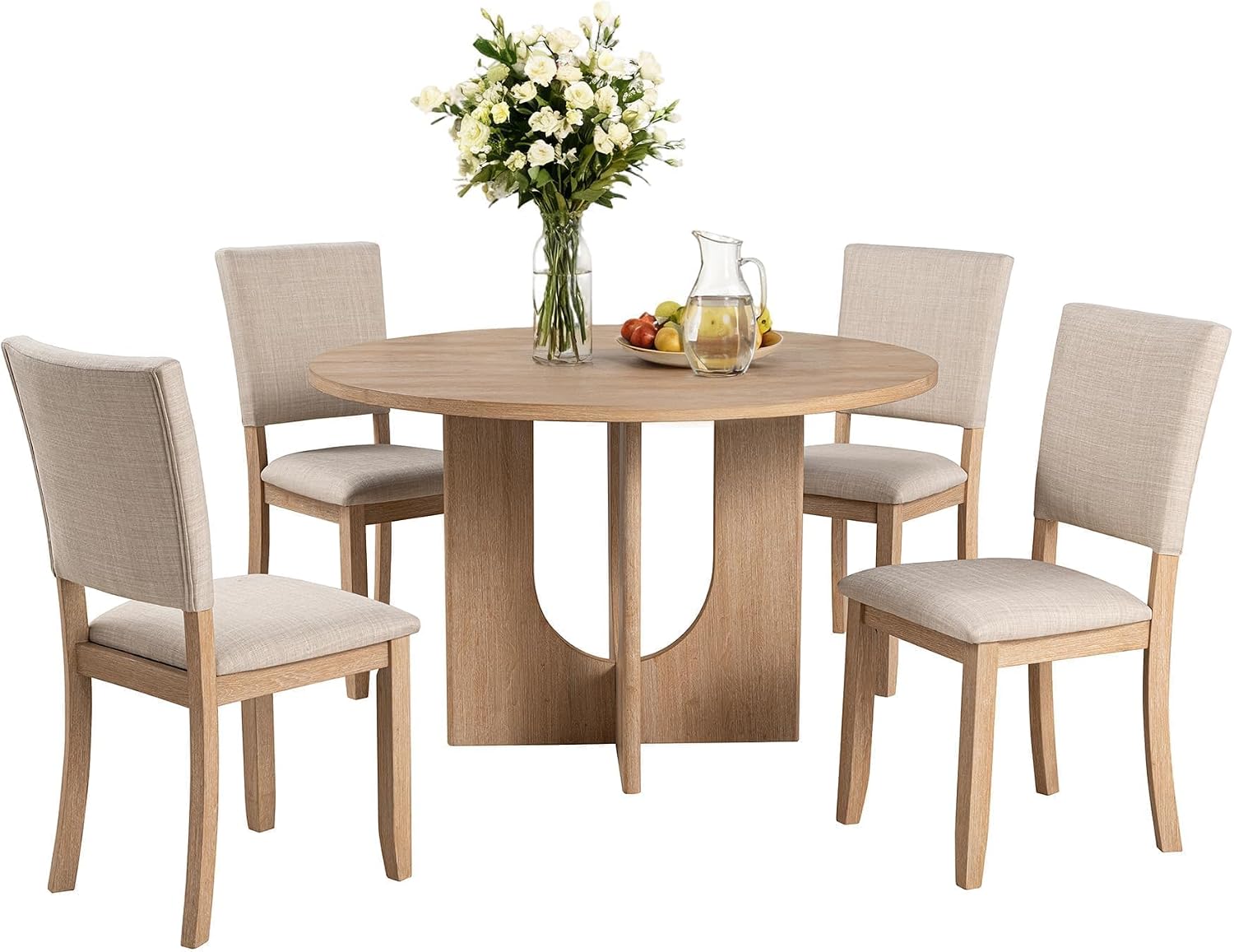 leovanni Round Dining Table Set for 4, Kitchen Table with 4 Upholstered Chairs, 5-Piece Wood Dining Table and Chairs Set for Kitchen, Dining Room, Living Room, Natural
