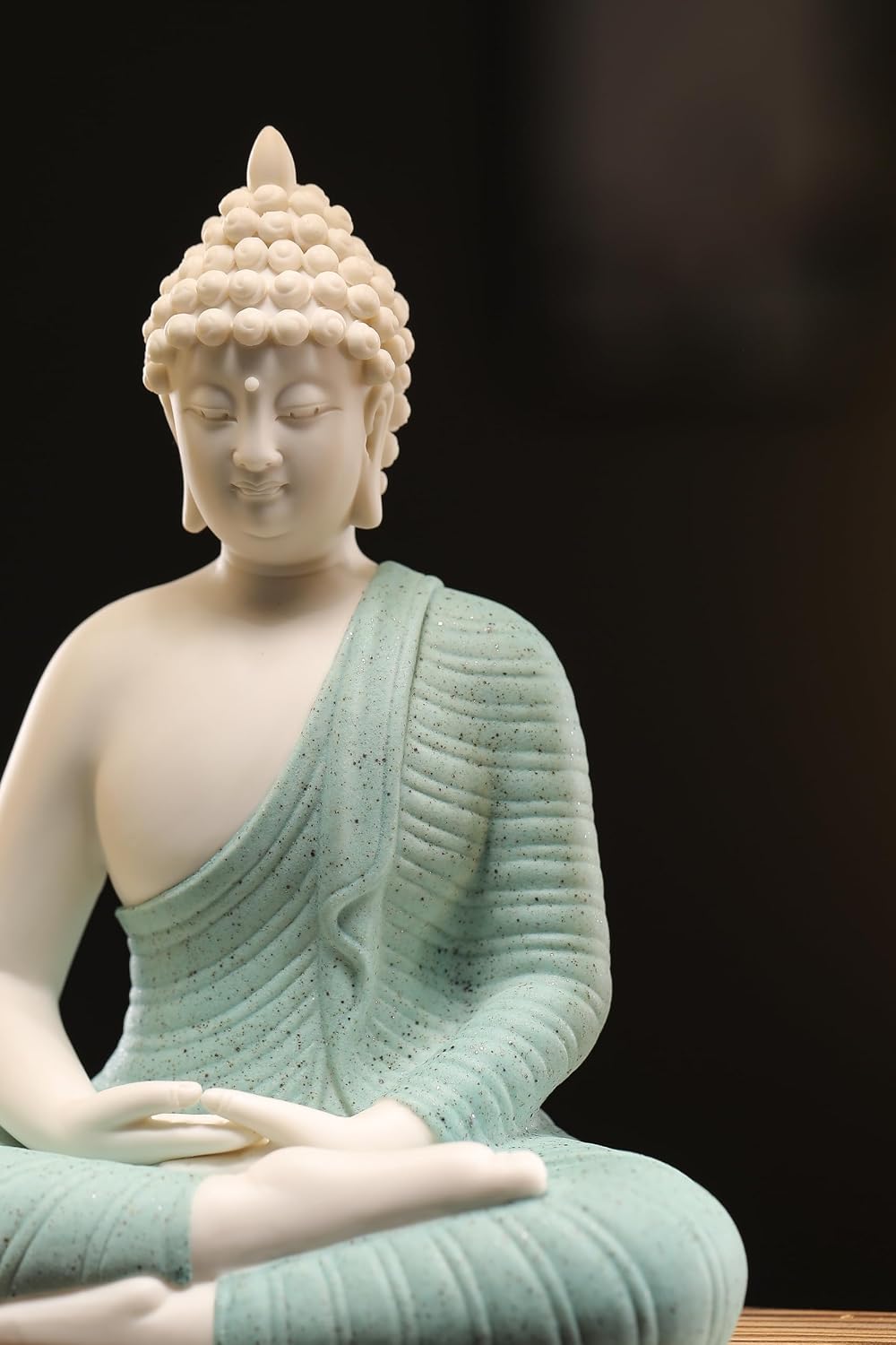Houlu Green Buddha Statue with Green Artificial Tree and LED Circle Table Lamp, Indoor Ceramic Buddha Statues for Home Decor, 16.5 in