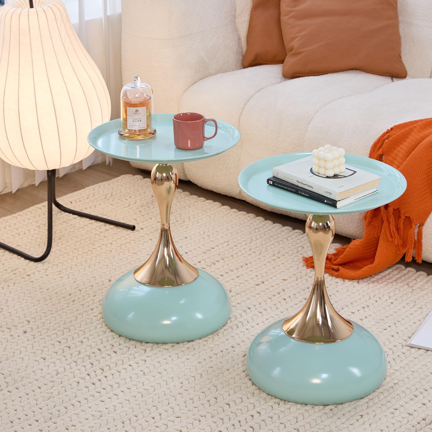 2-Pack Light Green Sleek Hourglass Side Table - Modern Stylish Accent Table with Glossy Finish & Metallic Detail - Ideal Decor for Living Room, Bedroom & Home Spaces