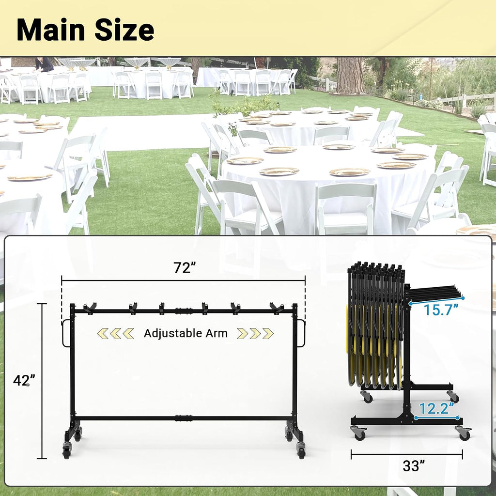 Folding Chair Rack, Heavy-Duty Folding Chair Cart with Swivel Wheels, 600 LBS Capacity for 12 Tables or 42 Chairs, Chair and Table Cart w/Dust Cover and 2 Binding Ropes, 72'L x 33'W x 42'H