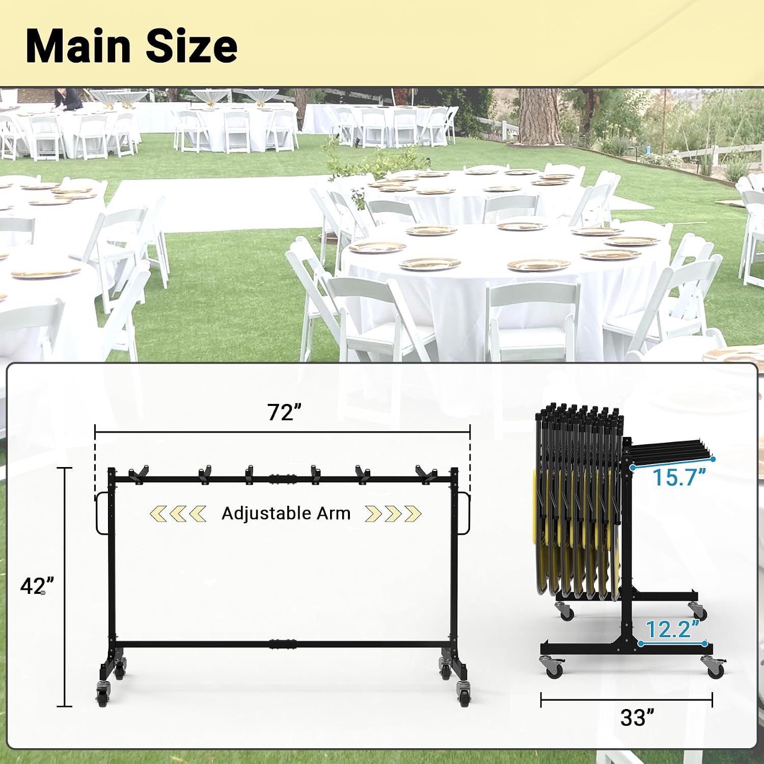 Folding Chair Rack, Heavy-Duty Folding Chair Cart with Swivel Wheels, 600 LBS Capacity for 12 Tables or 42 Chairs, Chair and Table Cart w/Dust Cover and 2 Binding Ropes, 72'L x 33'W x 42'H