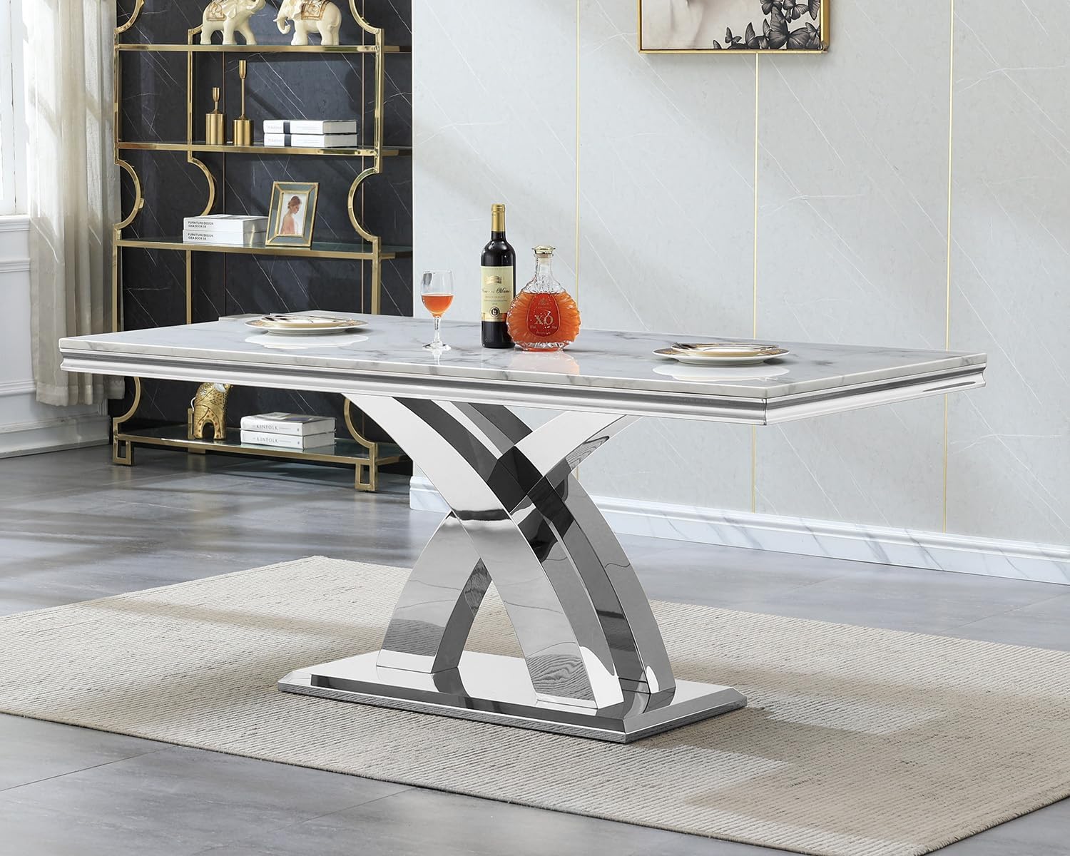 68' Luxury Rectangular Marble Dining Table for 4 to 6, White Faux Marble Kitchen Table with Silver X Shape Stainless Steel Pedestal, Modern Kitchen Dining Room Table for Breakfast Dinette Dinner Party