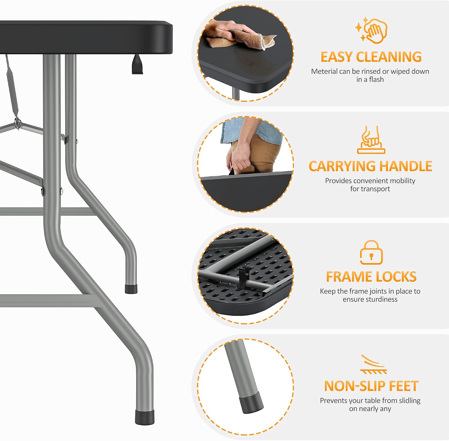 RUIE 8 Foot Folding Table with Carrying Handle, HDPE Foldable Table Indoor Outdoor Heavy Duty Portable Plastic Table, Folding Tables for Picnic Camping Party, Black