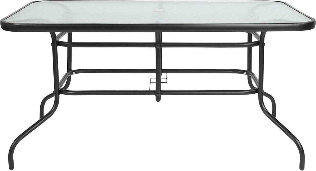 Flash Furniture Tory 31.5' x 55' Rectangular Tempered Glass Metal Patio Table with Umbrella Hole, Modern Rippled Glass Outdoor Dining Table, Black