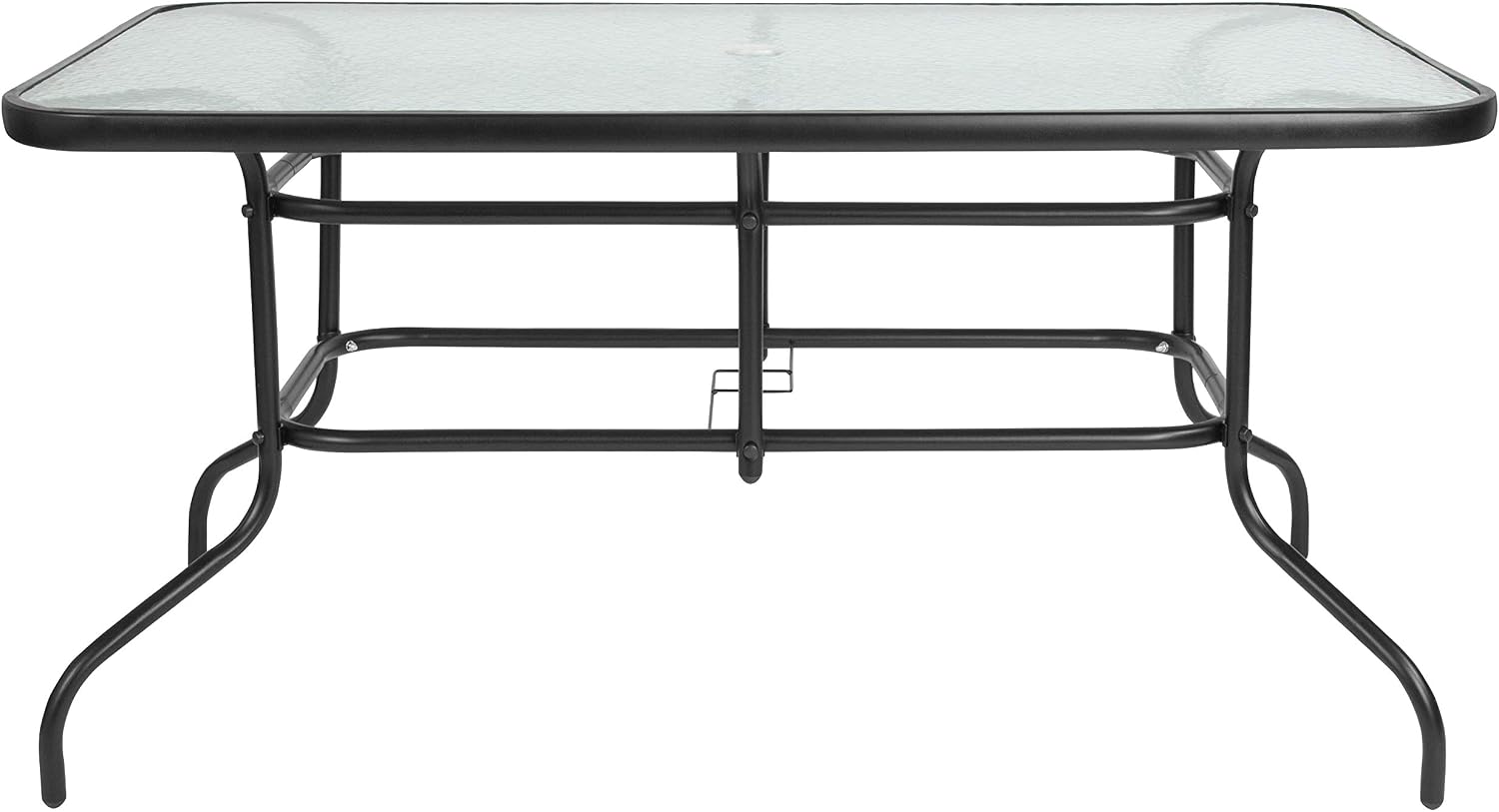 Flash Furniture Tory 31.5' x 55' Rectangular Tempered Glass Metal Patio Table with Umbrella Hole, Modern Rippled Glass Outdoor Dining Table, Black