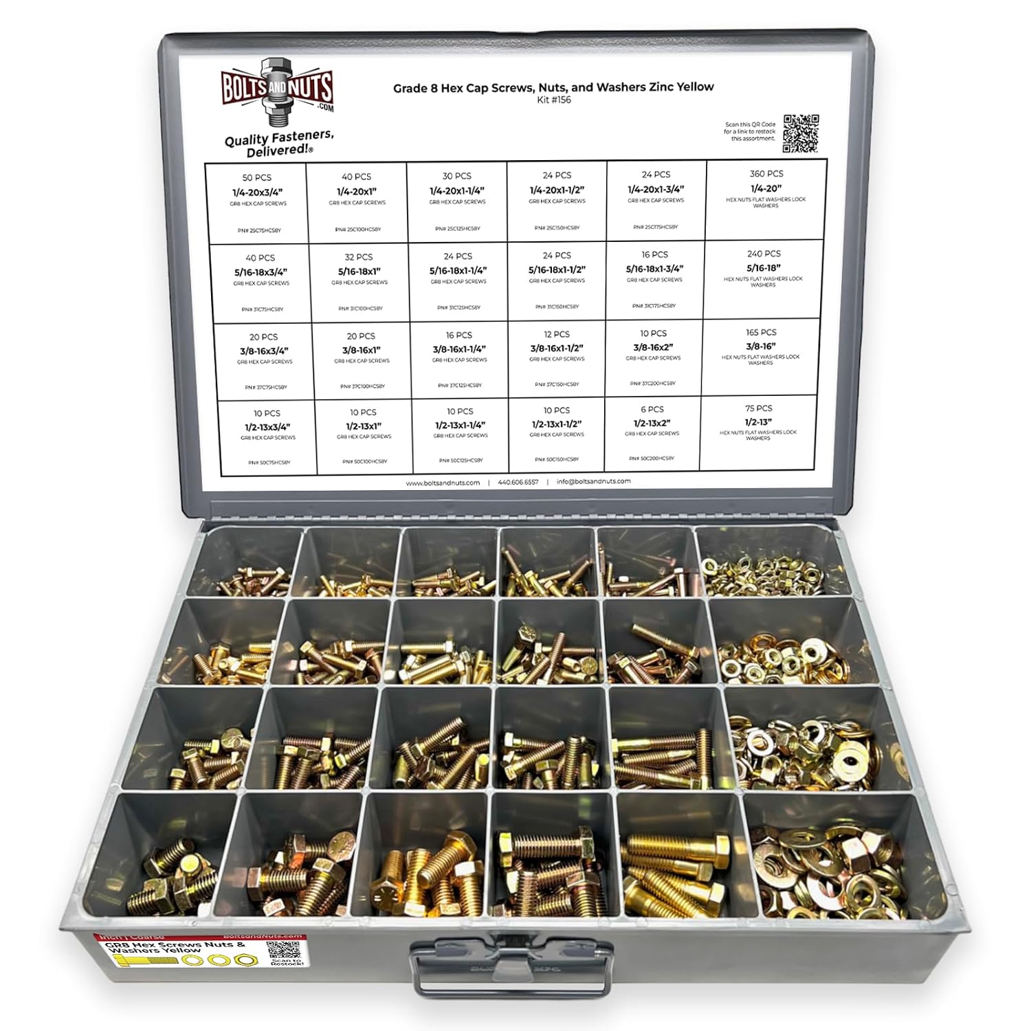 Grade 8 Hex Cap Screws Nuts Washers Coarse Thread Zinc Yellow Assortment - 1269 Pieces
