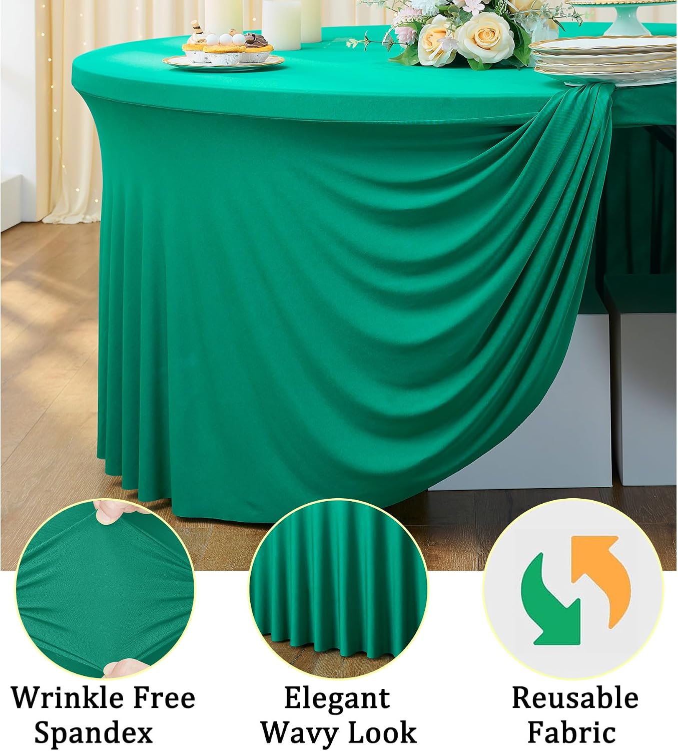 8 Pack Emerald Green Spandex Round Tablecloths, Stretchy 132inch Fitted 6FT Round Table Cloths, Wrinkle Free Table Cover with Skirt for Wedding Party Dining Banquet