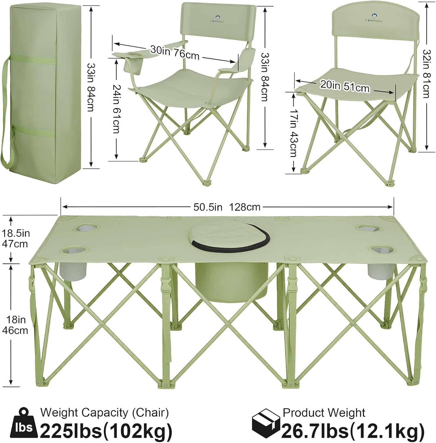 Camping Chair Set of 3, Outdoor Folding Camping Chairs for Heavy People with Cup Holder & Carry Bag,Collapsible Chair Include One Sofa Chair and Two Single Chair,Support up to 500lbs