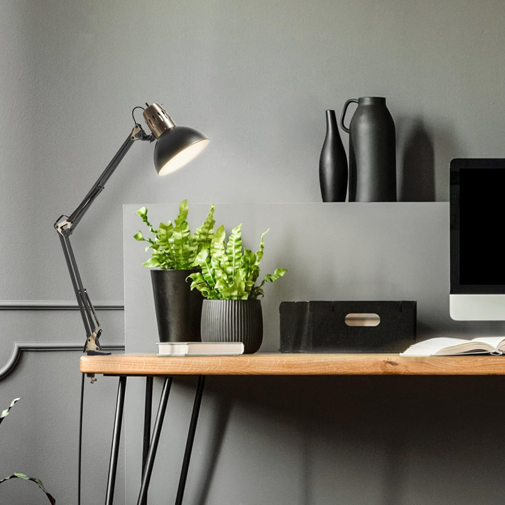 31.5' Multi-Joint Desk Lamp with Metal Clamp, Black, On/Off Rotary Switch on Shade, Partially Adjustable Swing Arm, Home Essentials, Reading Light, Office Décor