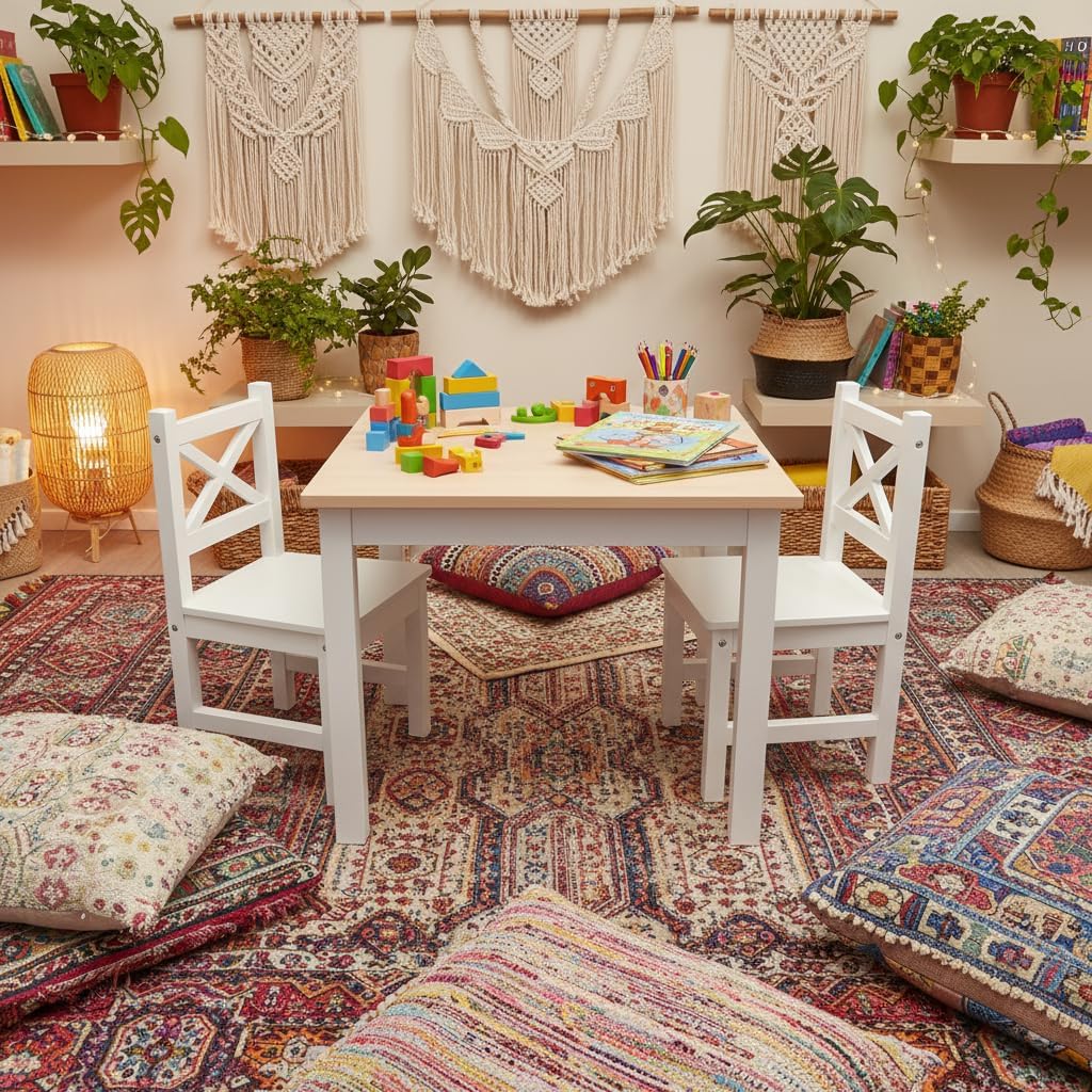 PETIT BATEAU Solid Wood Kids Table and 2 Chairs Set,Montessori Modern AMMEHOELA Irish Designer for 2-8 Years Toddler,SereneWhite Gift