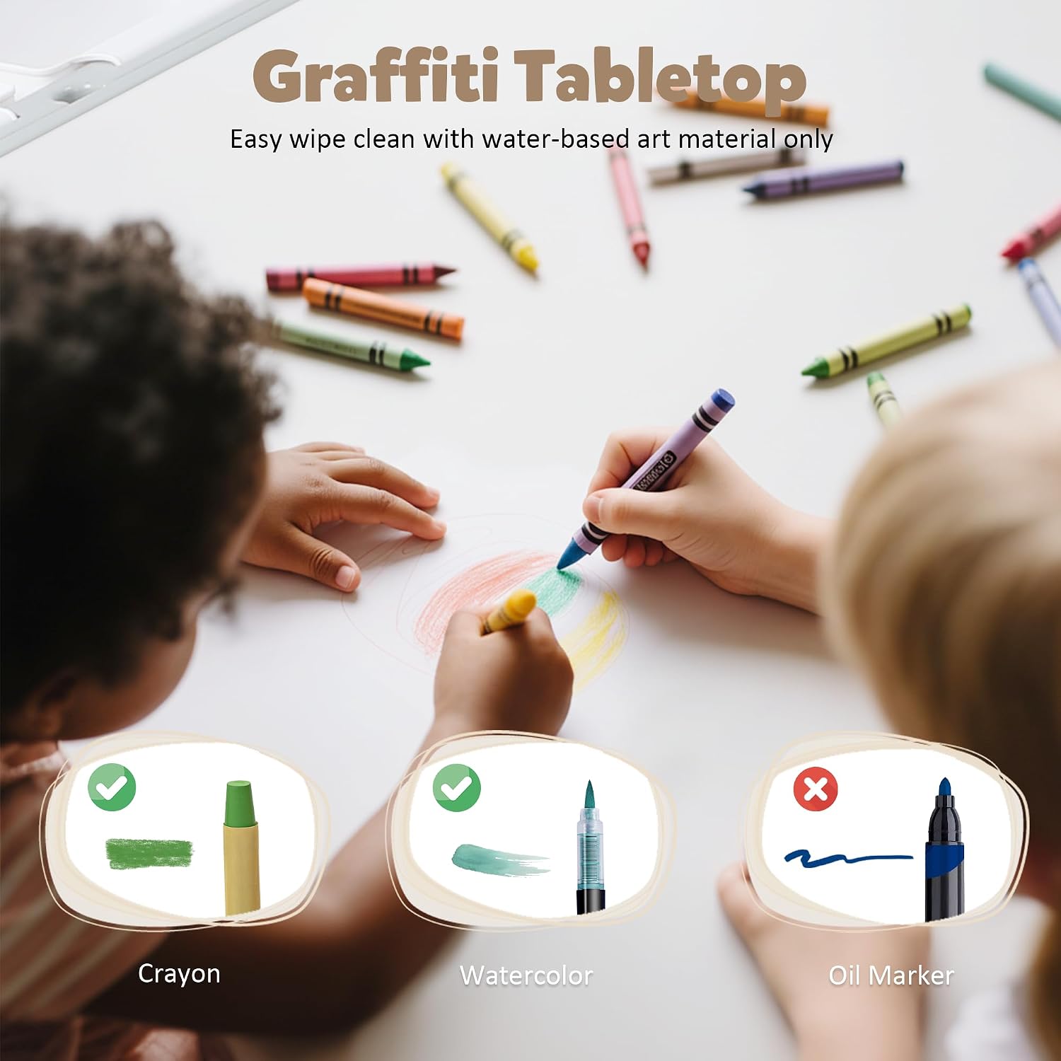Kids Table and Chairs Set Large Storage, Height Adjustable Toddler Activity Table and 2 Chairs Set, 34.6x24.8' Graffiti/Block Building Desktop, 4 Side Boxes, Kids desk for Home, Preschool, Classroom