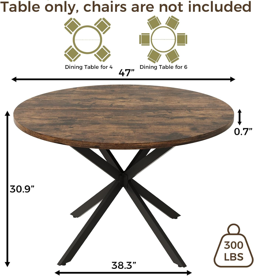 Vantic 47' Round Dining Table for 4-6 People, Farmhouse Wood Kitchen Table for Small Space,Circle Dining Table with Metal Base for Kitchen & Living Room, Rustic Brown