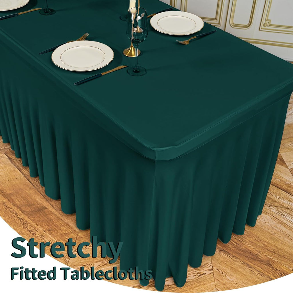 6 Packs Emerald Green Spandex Table Clothes for 8 Foot Rectangle Tables, Wrinkle Resistant Fitted Tables Cover, Washable Stretch Table Skirts for Weddings Parties Banquet Birthday Festival
