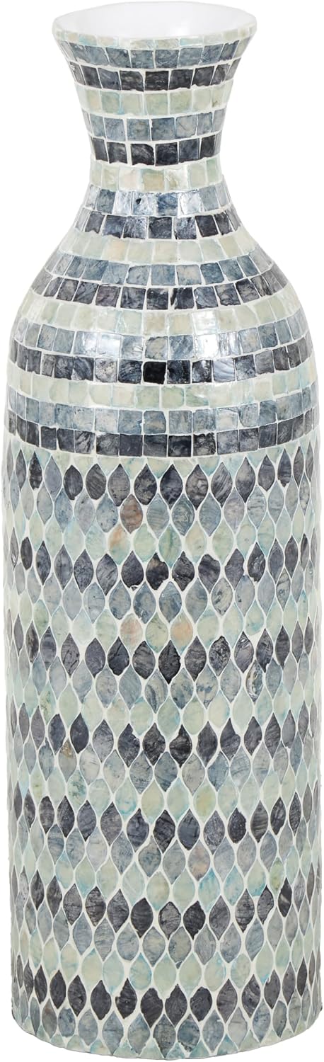 Deco 79 Mother of Pearl Shell Handmade Decorative Vase Mosaic Centerpiece Vase with White Interior, Flower Vase for Home Decoration 8' x 8' x 26', Blue