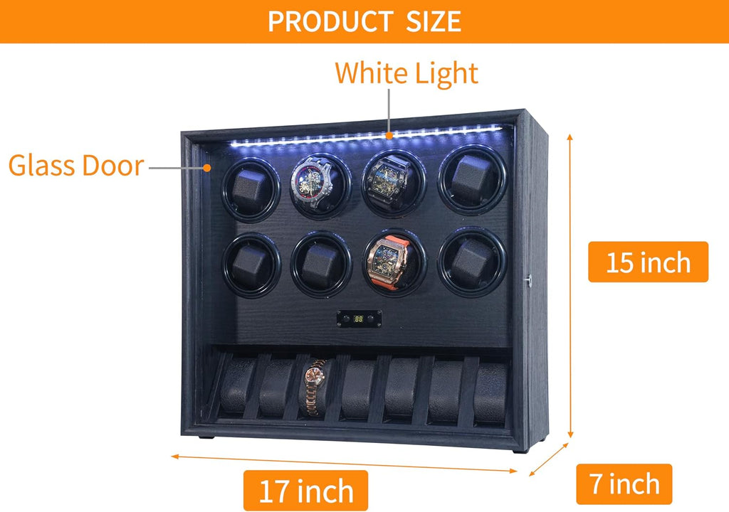 Watch Winder for 2/4/6/8 Automatic Watches, Watch Rotator for Rolex 15 Rotation Modes Display Box White Light, Watches Winder Case with USB-C Adapter, Present for Men Quiet Mabuchi Motor(≤5db)