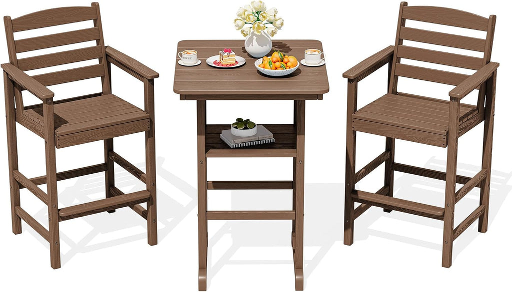 SERWALL Balcony Adirondack Chairs and Table 3 Pieces Set, Oversize Adirondack Bar Height Chairs Set of 2 and Bar Table, Outdoor Bar Stools Set, Brown