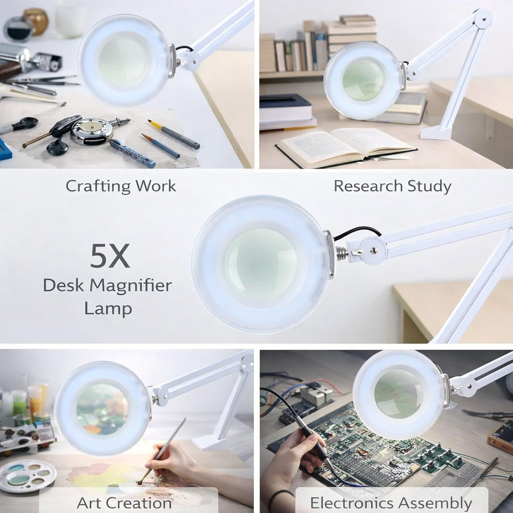 Magnifying Glass Magnifier with Light and Stand Lighted, 5X White Desk Lamp - Hands - Free Illumination, Adjustable Clamp Stand, Ideal for Reading and Craftwork