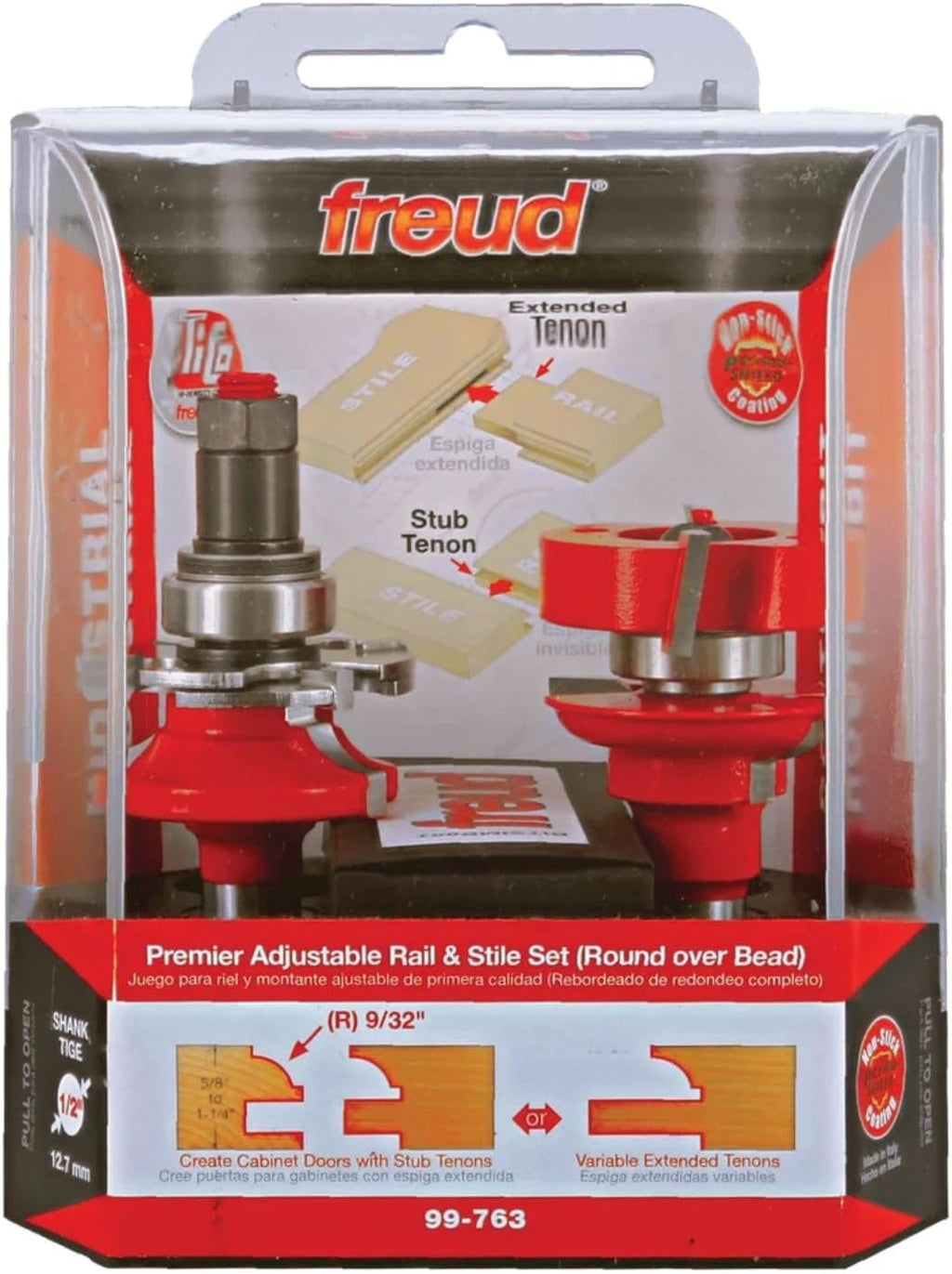 Freud Premier Adjustable Rail & Stile Bit - Round Over Bead with Tico Hi-Density Carbide for Maximum Performance - 1-11/16' Dia., 3-3/4' Length, 9/32' Radius, 1/2' Shank - 99-763
