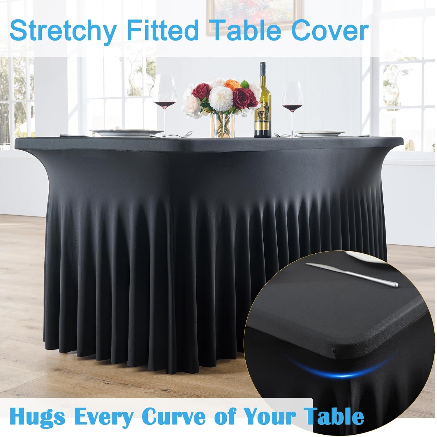 6pk Black 8ft Spandex Tablecloths for Rectangle Tables, Wrinkle Free Wavy Black Table Skirt Stretchy Fitted Table Cloth Covers 8 Foot for Weddings Birthday Party Events Banquette Baby Shower