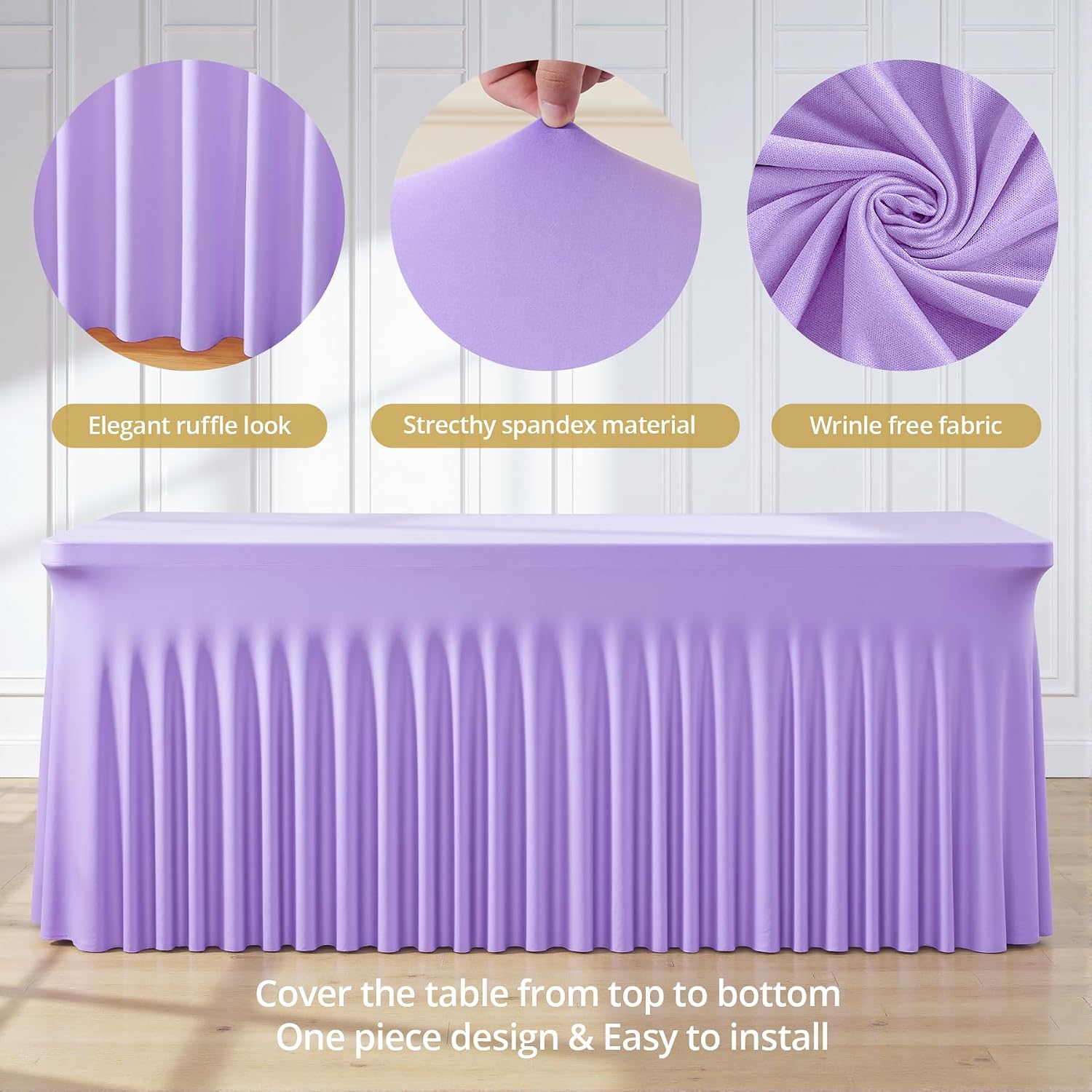 Suppromo 6 Pack 8ft Lavender Spandex Table Cloths for Rectangle Tables Wrinkle Free Light Purple Rectangle Tablecloths Stretch Fitted Table Cover for Birthday Party Wedding Banquet Baby Shower Buffet