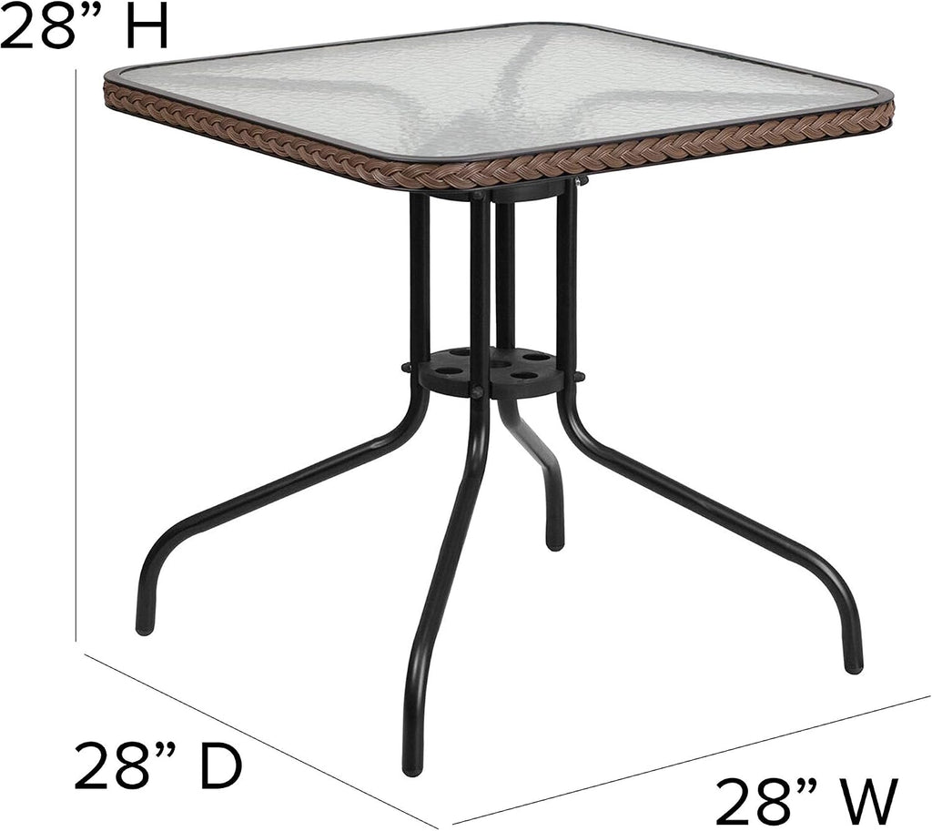 Flash Furniture Lila 3-Piece 28' Square Indoor/Outdoor Patio Table and Chairs Set, Glass Metal Bistro Table and 2 Stacking Rattan Chairs, Brown