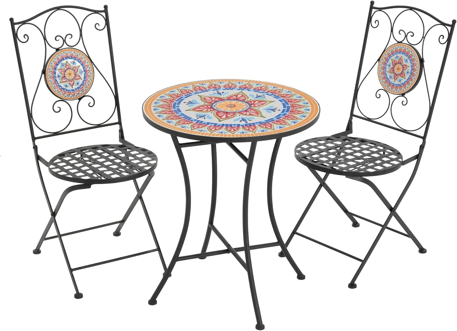 Christopher Knight Home Dorin Patio Ceramic Tile and Iron Frame Bistro Set, 2-Seater Round Top Table+Chairs Set for Garden/Balcony, Poolside, Foldable Chat Set with Iron Mesh Seating Design, Black+Red