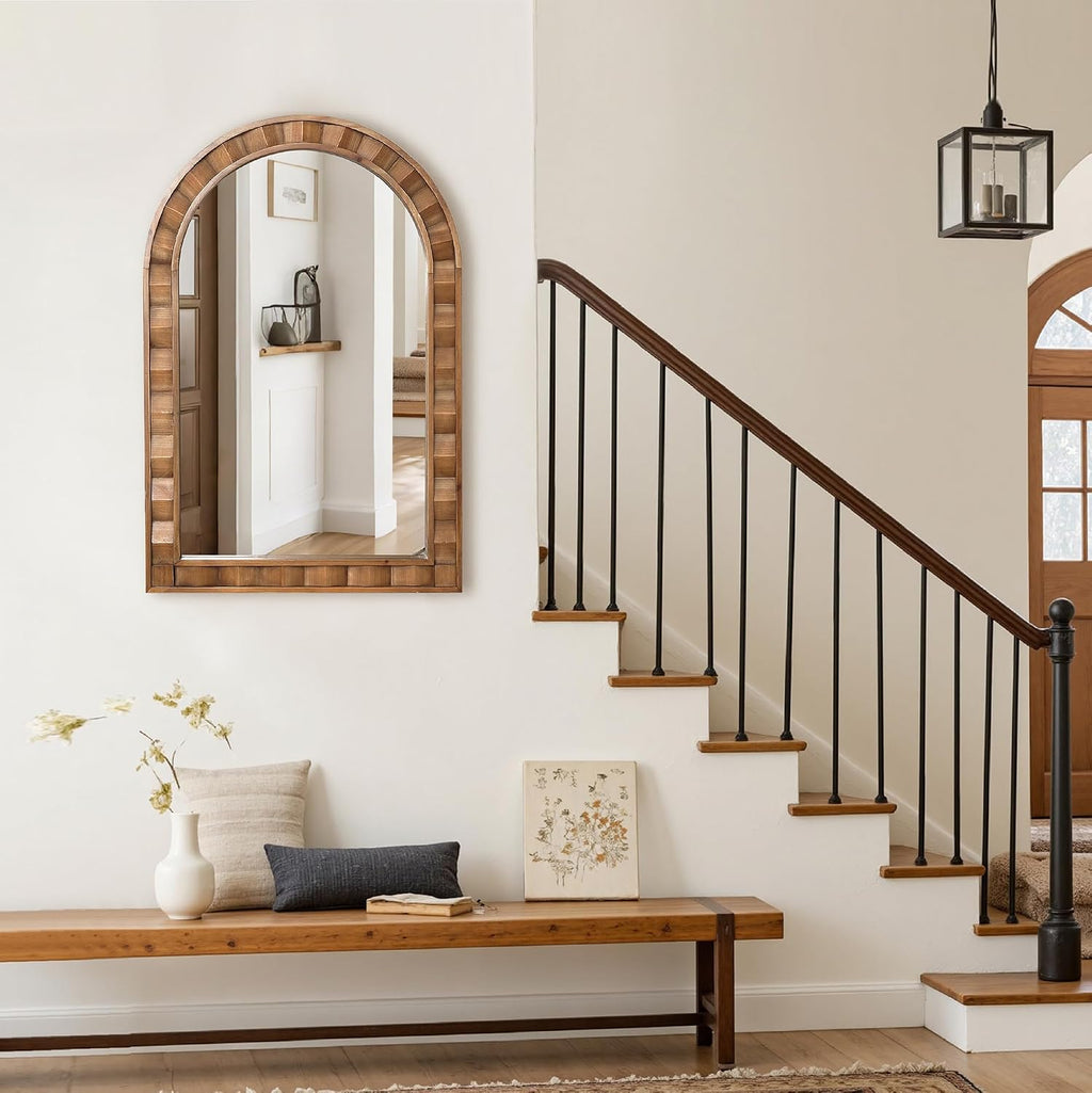 LuxenHome Arched Wall Mirror, 30.4'x18.5' Solid Wood Framed Rustic Farmhouse Decorative Wooden Mirrors, Wall Mounted Hanging Accent Entryway Mirror for Bathroom, Living Room, Bedroom Home Decor