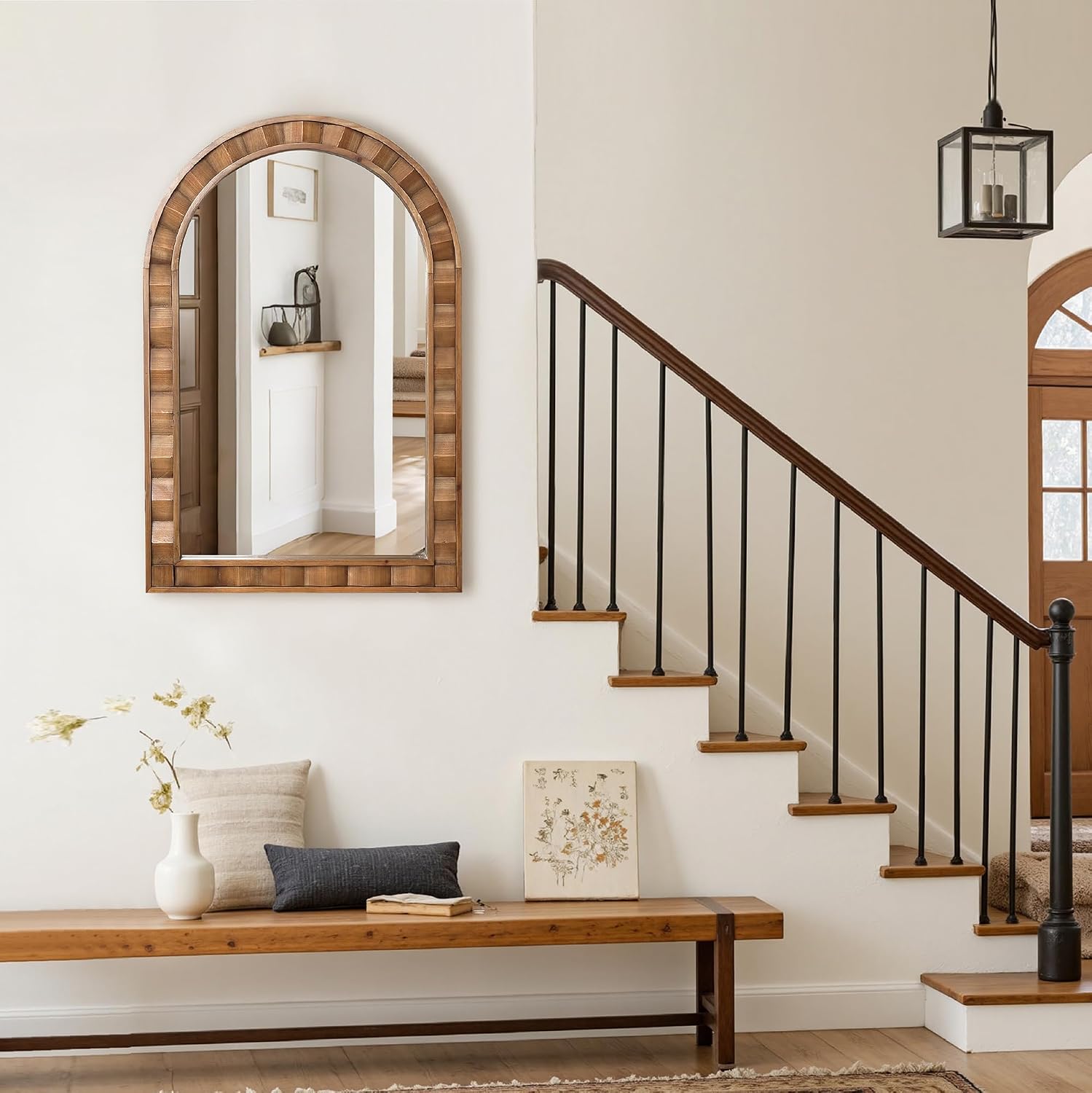 LuxenHome Arched Wall Mirror, 30.4'x18.5' Solid Wood Framed Rustic Farmhouse Decorative Wooden Mirrors, Wall Mounted Hanging Accent Entryway Mirror for Bathroom, Living Room, Bedroom Home Decor