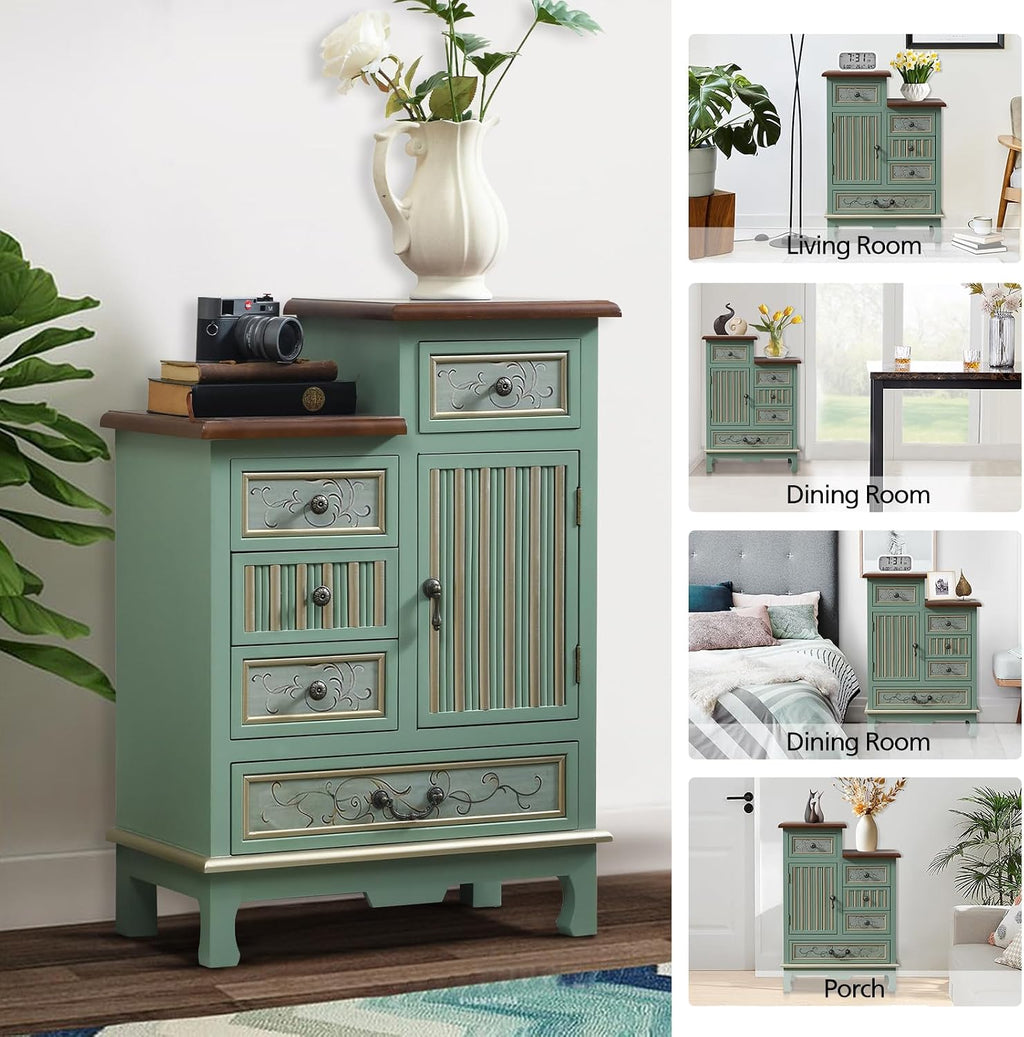Ahokua Vintage Accent Chest with 5-Drawers and Door Carved Wood Storage Cabinet Modern Dresser for Living Room, Entryway, Hallway, Sage Green