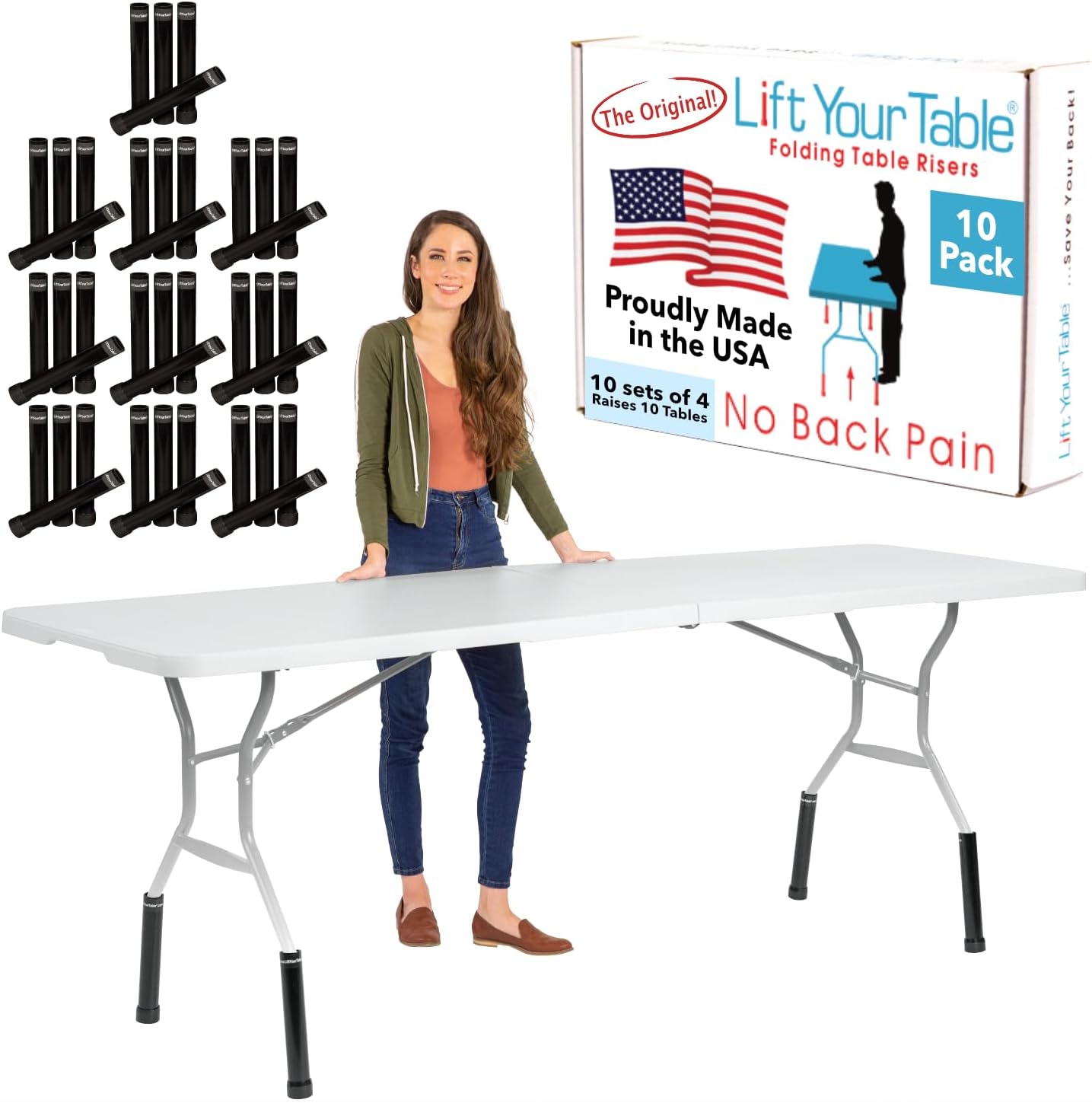 Lift Your Table® Folding Table Risers - Counter, Bar, or XL Height Extenders - Made in the USA, Heavy Duty Extensions Raise Bent Leg Folding Tables (Set of 4) (10 Sets - Counter Height (Movable Foot))