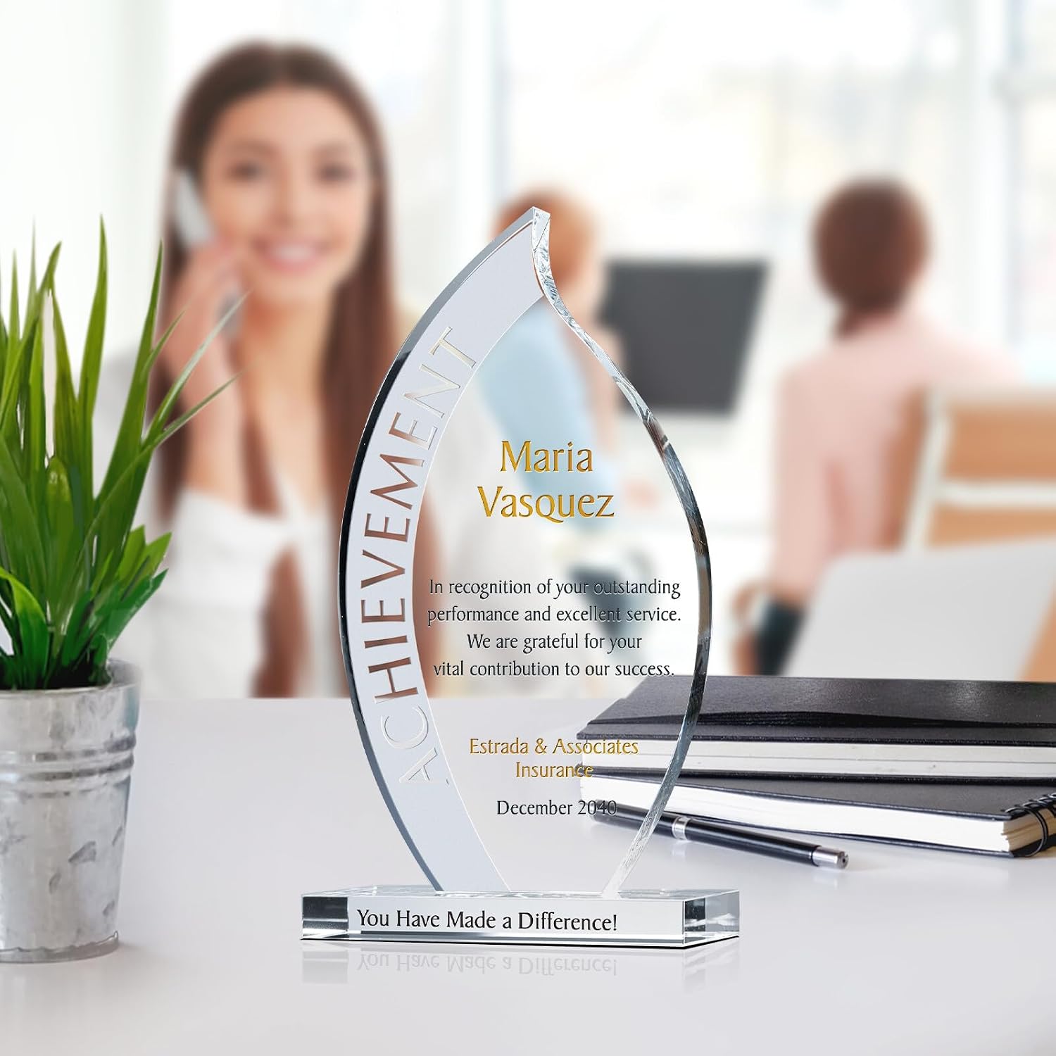 Crystal Flame-Shaped Personalized Achievement Award Trophy – Custom Engraved Glass Plaque for Employee Recognition, Retirement, Appreciation, or Years of Service (Flame Plaque, 7.5' H)