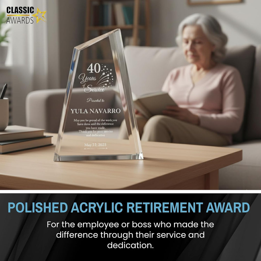 Personalized Acrylic Retirement Gifts For Men and Women, Laser Engraved Custom Trophy for Service Recognition, Years Of Service Retirement Trophy Award for Boss, Employee, Teacher Crystal Peak)