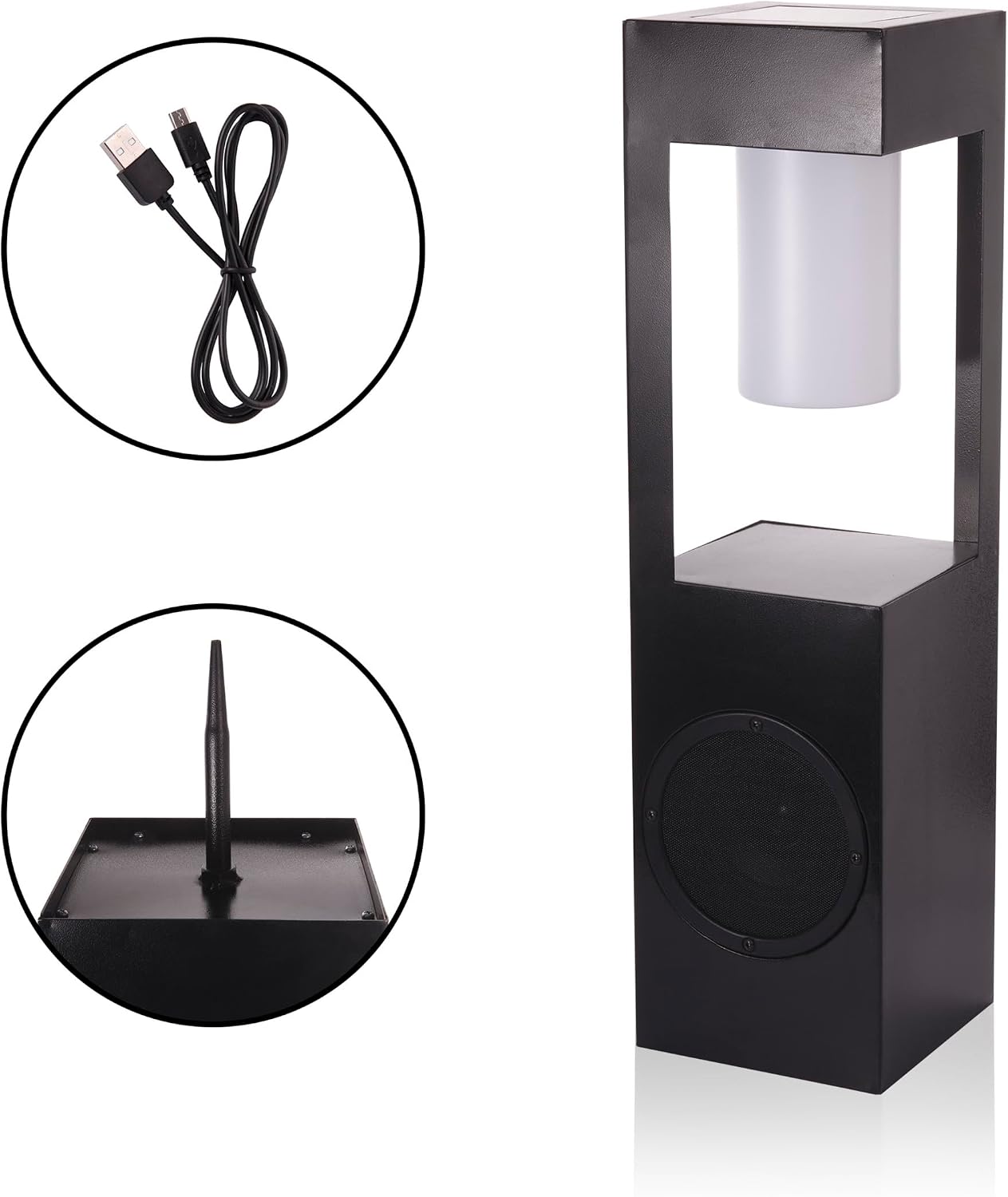 Alpine Corporation Outdoor Solar Metal Bluetooth 5.0 Speaker Plays 50 Foot Sound Range with Ground Stake and LED Lights, 24' H, Black