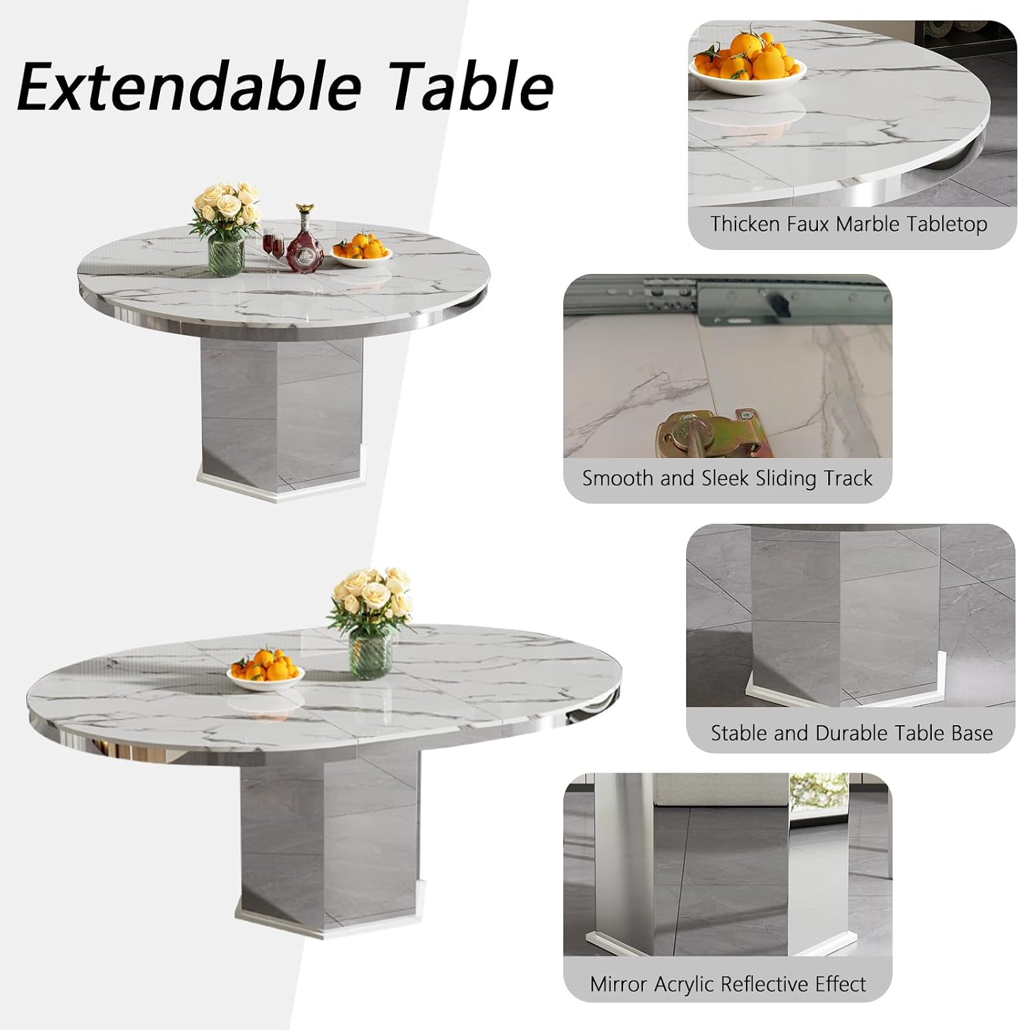 7 Pieces 47'-63' White Faux Marble Extendable Dining Table Set, Round Expanding Kitchen and Dining Room Table Set for 6 with Mirrored Acrylic Base & Black Velvet Upholstered Chairs