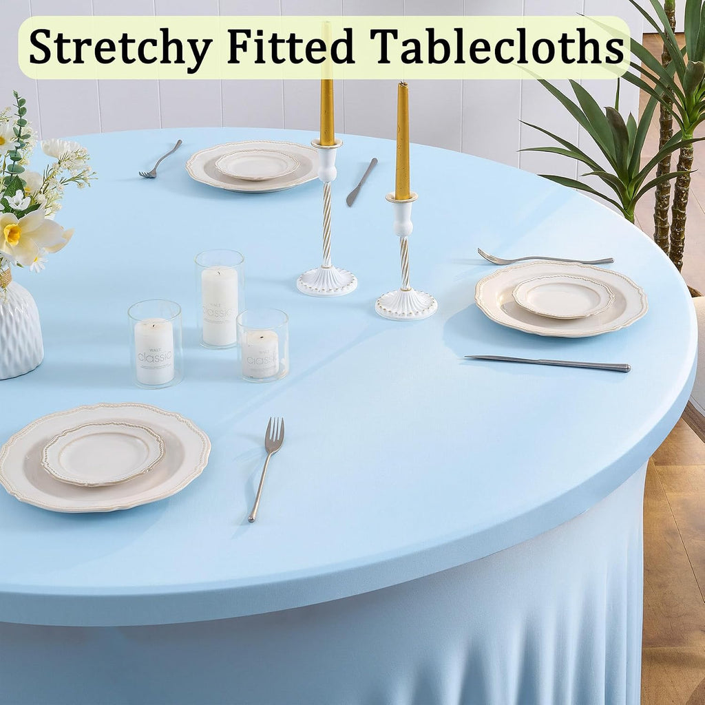 6 Pack Spandex Baby Blue Round Tablecloths for 60in Table, Stretchy 120inch Fitted 5ft Table Cloths, Wrinkle Free Round Tablecovers Skirt for Wedding Birthday Parties Baby Shower Banquet