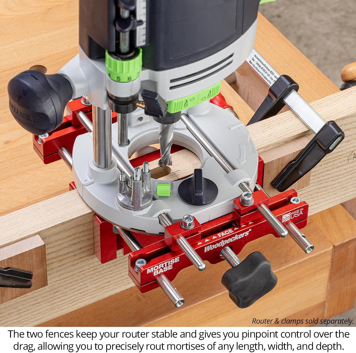 Woodpeckers Mortise Base, Dual-Fence Adjustable Router Base for Precise Mortising and Edge Guiding, Fits Plunge Routers with 10mm Guide Rods, Aluminum & Stainless Construction, Made in USA MB-10